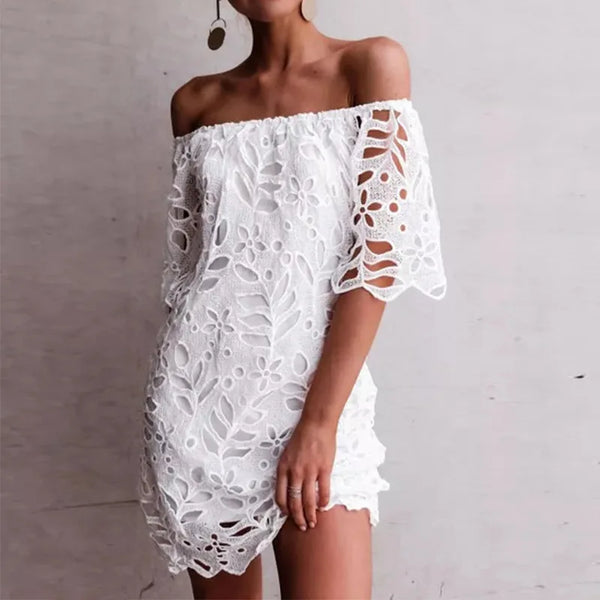 Summer Chic Off Shoulder Loose Dress Cute Sweet Style Girls Flower Lace Retro Vintage Cotton Blends Midi Dress